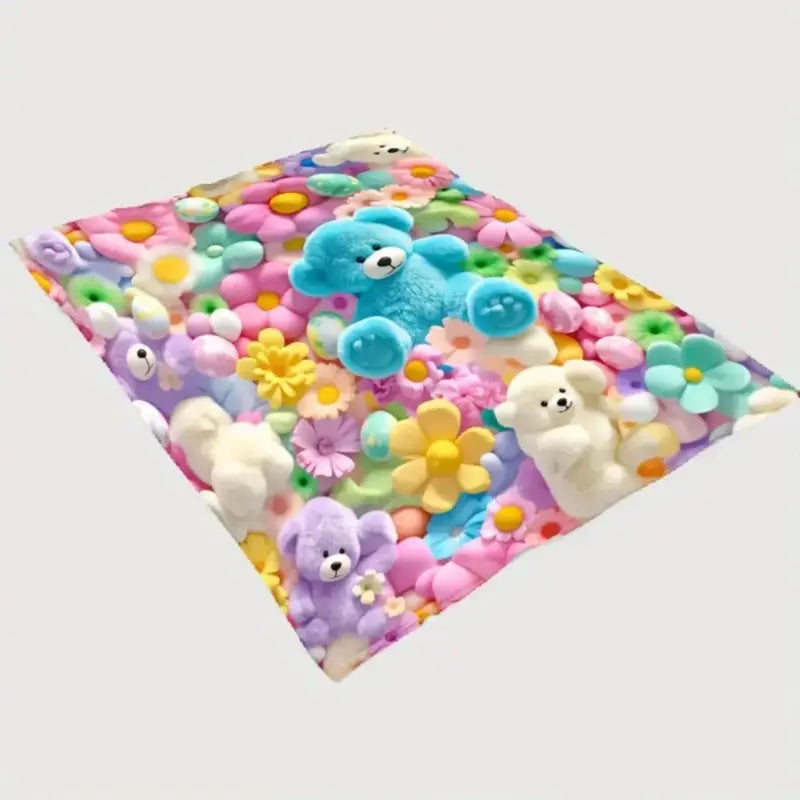 Pastel Floral Print Teddy 2D-Style Plush Throw Blanket, Super Soft Lightweight All-Season Bedding, Cute Kawaii Kids' Bedroom Decor, Holiday Birthday Christmas Gift for Children