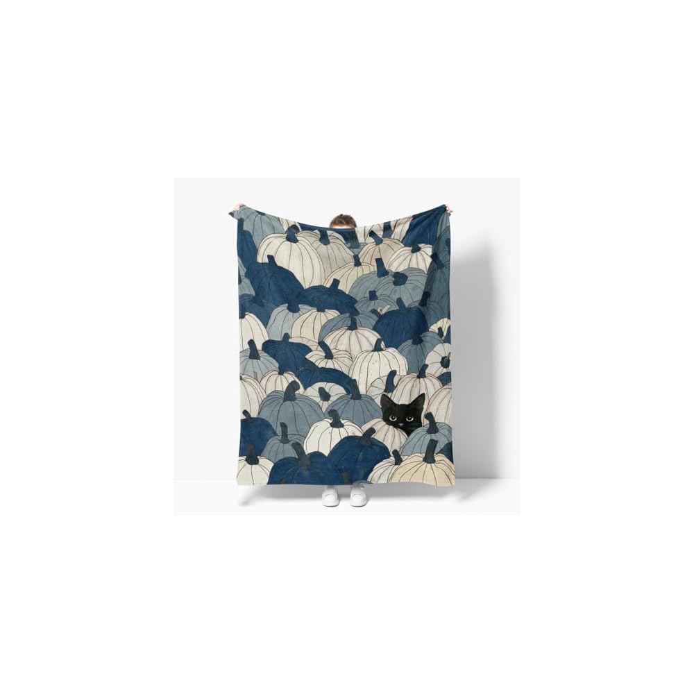 Fall Blue Pumpkin Cat Flannel Throw Blanket 50x60