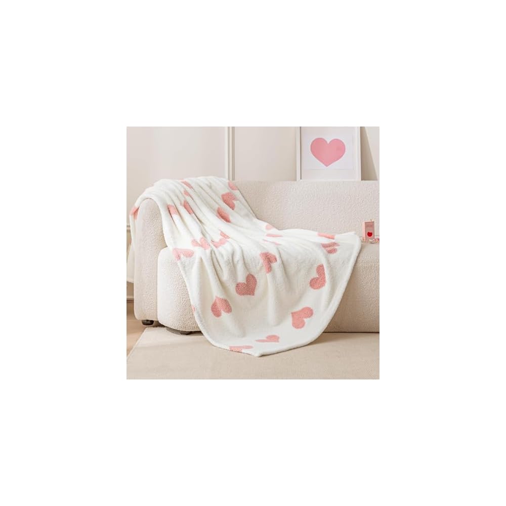 Fleece Throw Blanket, Reversible Decorative Hearted Pattern for the Bed, Couch and Sofa, 50" W × 60" L, Pink Heart