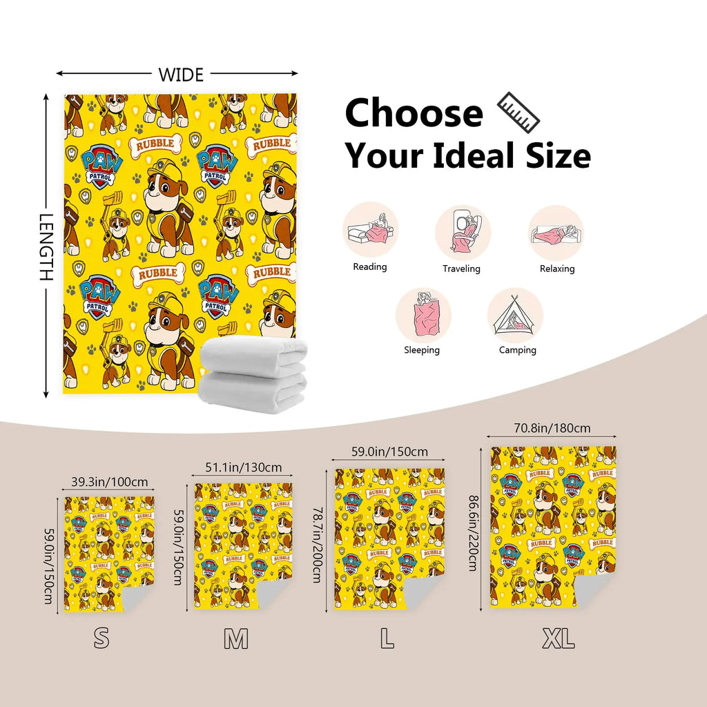 1PC Paw Patrol Rubble Allover Print Flannel Fleece, Yellow Background with Rubble Character, Badge, Paw Print & Name Sign, Soft Warm Cartoon Printed Blanket for Sofa Bed Office Camping, Birthday Christmas Gift for Paw Patrol Fans
