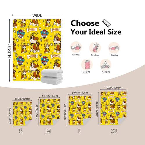1PC Paw Patrol Rubble Allover Print Flannel Fleece, Yellow Background with Rubble Character, Badge, Paw Print & Name Sign, Soft Warm Cartoon Printed Blanket for Sofa Bed Office Camping, Birthday Christmas Gift for Paw Patrol Fans