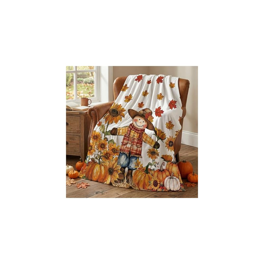 Fall Scarecrow Pumpkin Leaves Flannel Throw Blanket 50x60