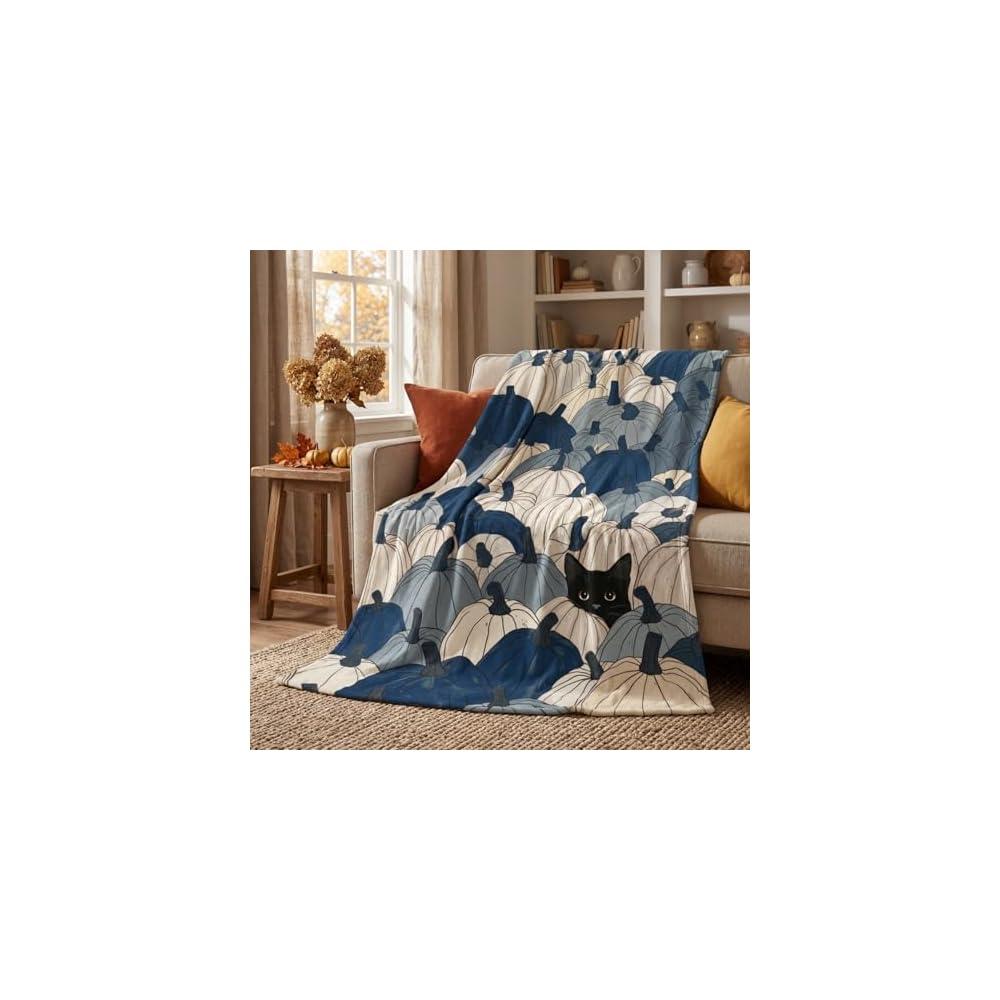 Fall Blue Pumpkin Cat Flannel Throw Blanket 50x60