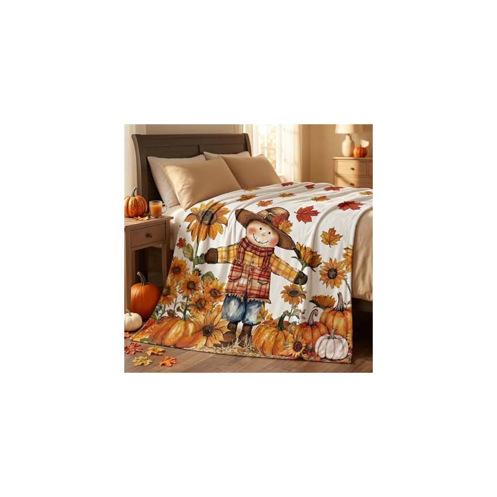 Fall Scarecrow Pumpkin Leaves Flannel Throw Blanket 50x60