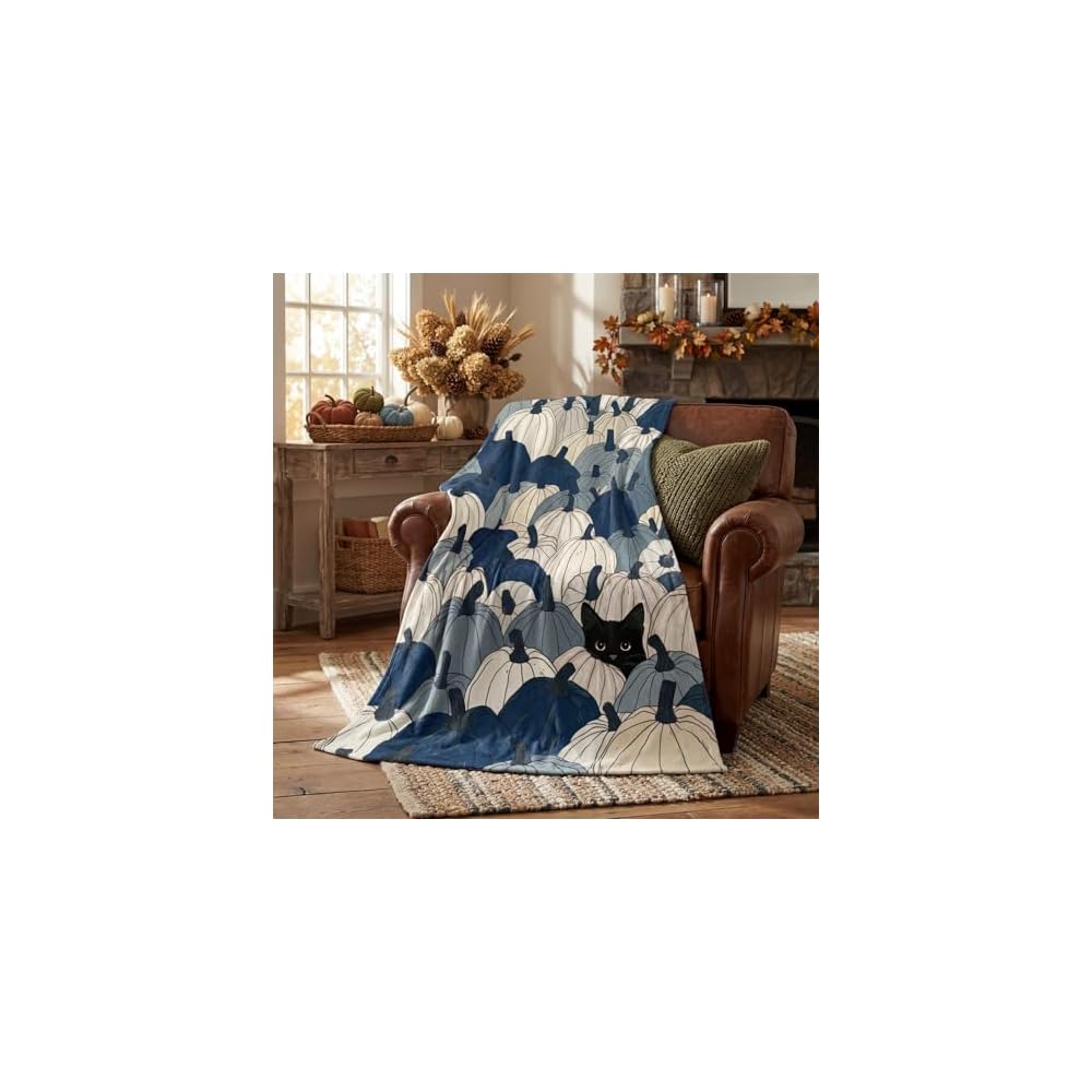 Fall Blue Pumpkin Cat Flannel Throw Blanket 50x60