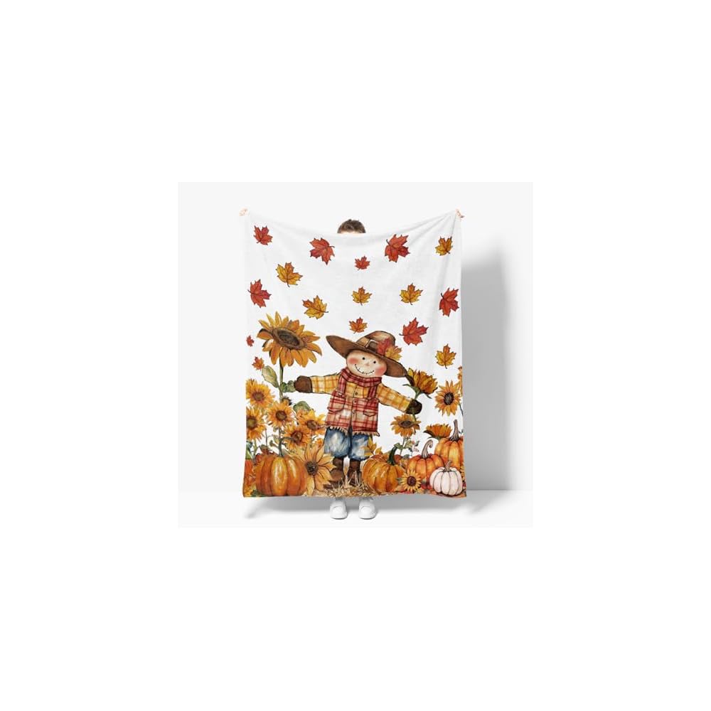 Fall Scarecrow Pumpkin Leaves Flannel Throw Blanket 50x60