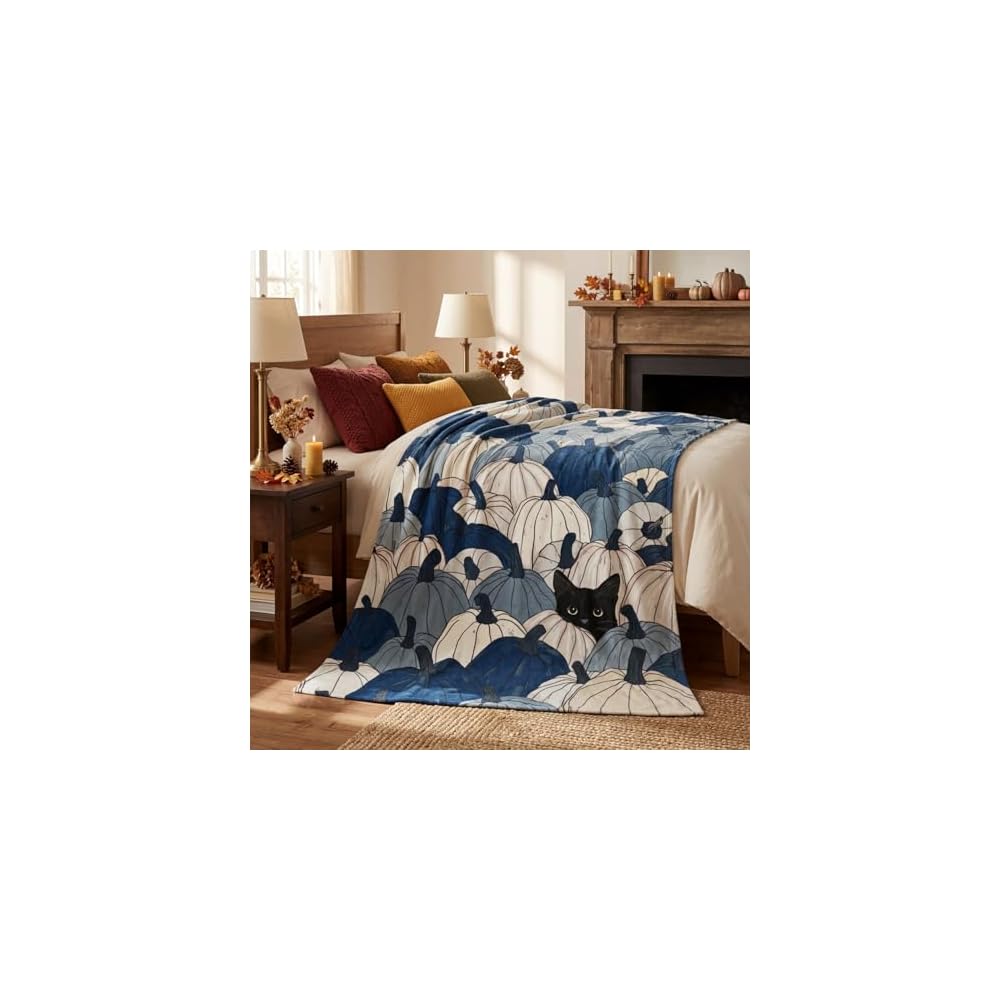 Fall Blue Pumpkin Cat Flannel Throw Blanket 50x60