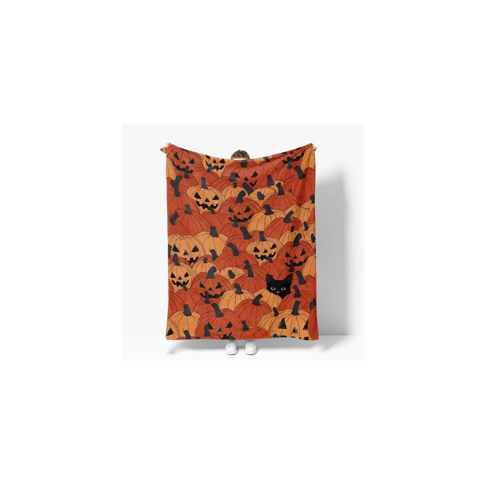 Fall Blue Pumpkin Cat Flannel Throw Blanket 50x60