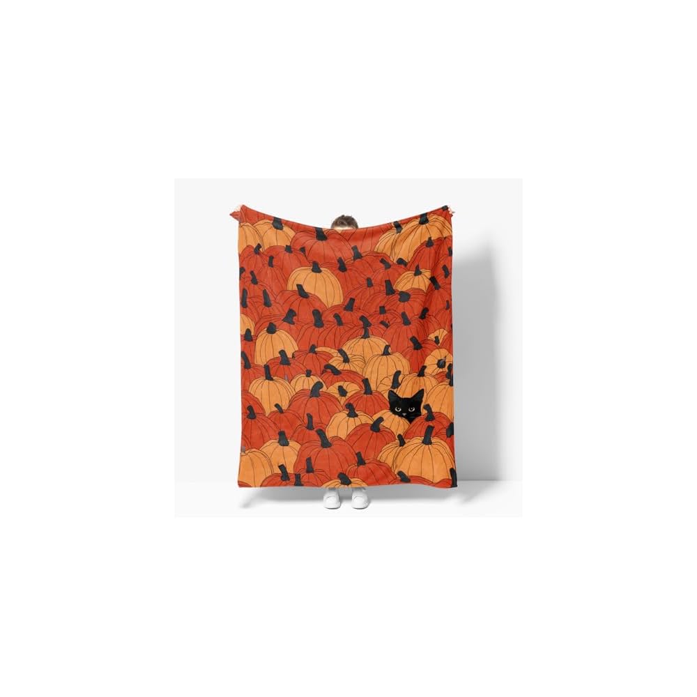 Fall Blue Pumpkin Cat Flannel Throw Blanket 50x60