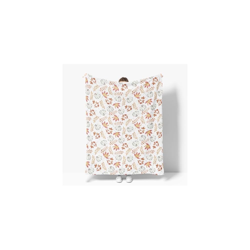 Fall White Pumpkin Blue Leaves Flannel Throw Blanket 50x60