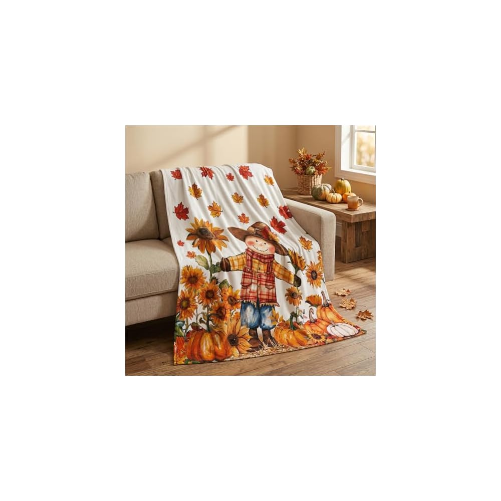 Fall Scarecrow Pumpkin Leaves Flannel Throw Blanket 50x60