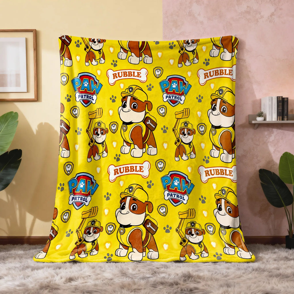 1PC Paw Patrol Rubble Allover Print Flannel Fleece, Yellow Background with Rubble Character, Badge, Paw Print & Name Sign, Soft Warm Cartoon Printed Blanket for Sofa Bed Office Camping, Birthday Christmas Gift for Paw Patrol Fans