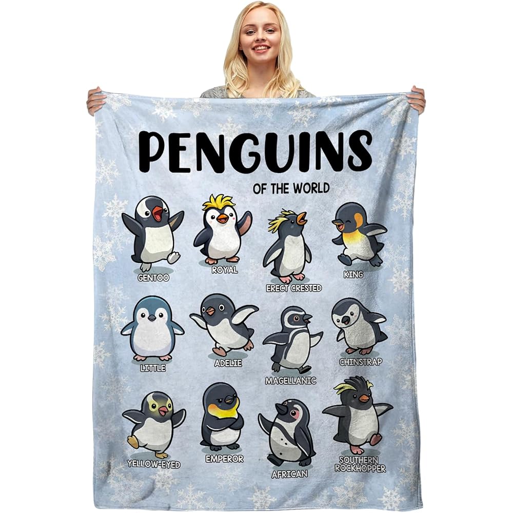 Penguin Blanket for Adults, Penguin Gifts for Women Adult, Types of Penguins Throw Blanket Penguins Lovers Gifts Decor Soft Cozy Flannel Fleece Illustration Throw Blankets Home Decor 50''x 60''