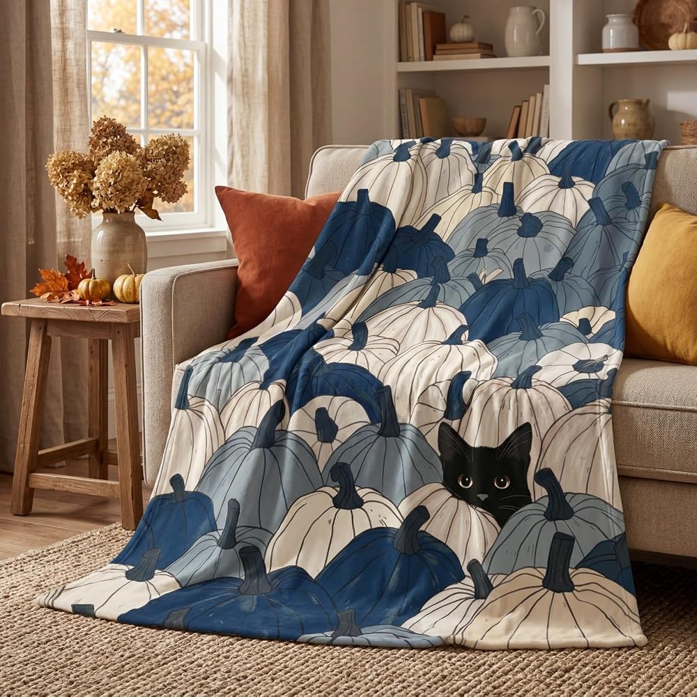 Fall Blue Pumpkin Cat Flannel Throw Blanket 50x60