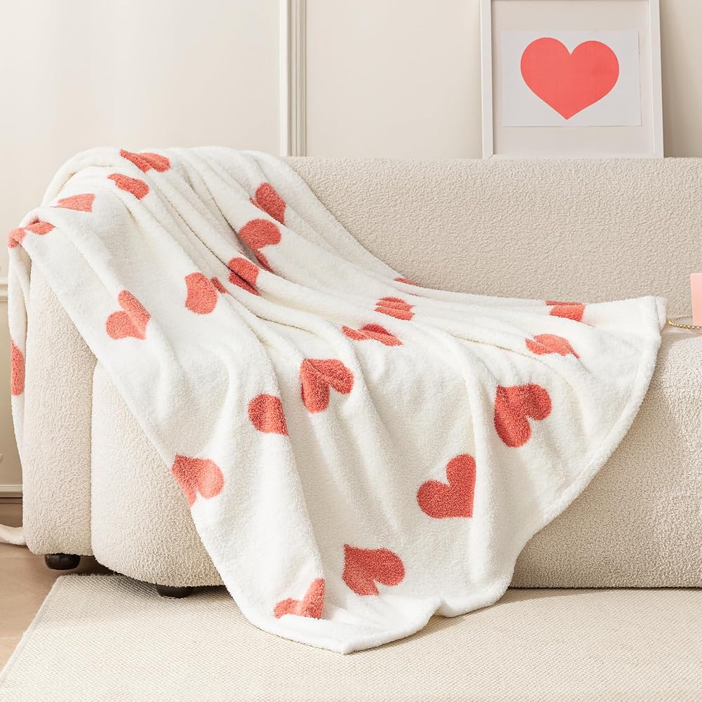Fleece Throw Blanket, Reversible Decorative Hearted Pattern for the Bed, Couch and Sofa, 50" W × 60" L, Pink Heart