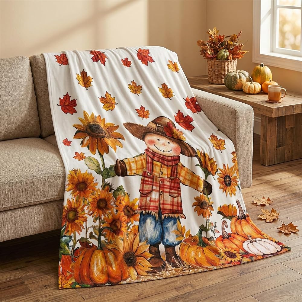 Fall Scarecrow Pumpkin Leaves Flannel Throw Blanket 50x60