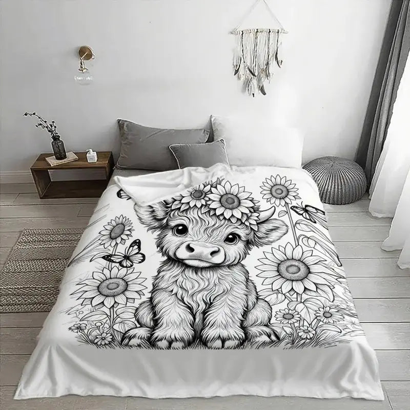 Colorable Highland Cow Flannel Blanket - Soft Fabric, Retro Look, Warm Multi-Functional Cow Blankets with Animal Artwork for Family Gifts, Mothers Day Presents, Sofa Naps, Animal Artwork Blankets