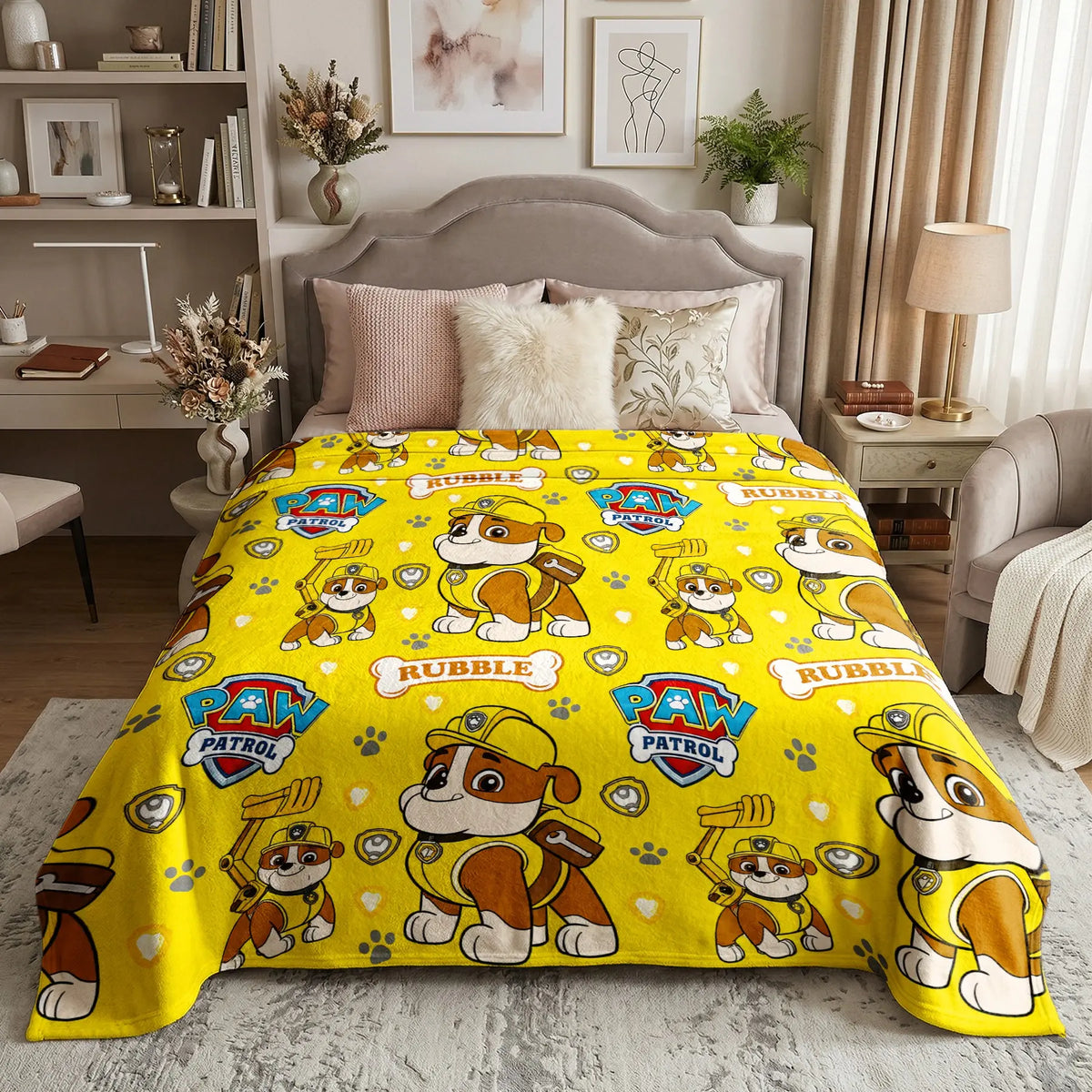 1PC Paw Patrol Rubble Allover Print Flannel Fleece, Yellow Background with Rubble Character, Badge, Paw Print & Name Sign, Soft Warm Cartoon Printed Blanket for Sofa Bed Office Camping, Birthday Christmas Gift for Paw Patrol Fans