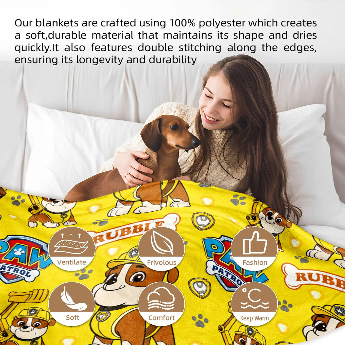 1PC Paw Patrol Rubble Allover Print Flannel Fleece, Yellow Background with Rubble Character, Badge, Paw Print & Name Sign, Soft Warm Cartoon Printed Blanket for Sofa Bed Office Camping, Birthday Christmas Gift for Paw Patrol Fans