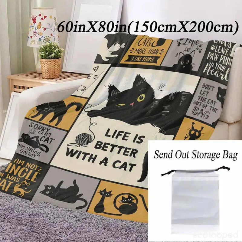 Flannel Throw Blanket - 30*40 Inches Halloween Animal Graphic, Super Soft Warm Lightweight Breathable, Wrinkle-Resistant Anti-Pilling, Whimsical Cartoon Paw Print Kitty Design Home Decor, Travel-Ready Throw for Business Trips, Ideal Gift for Cat Owners