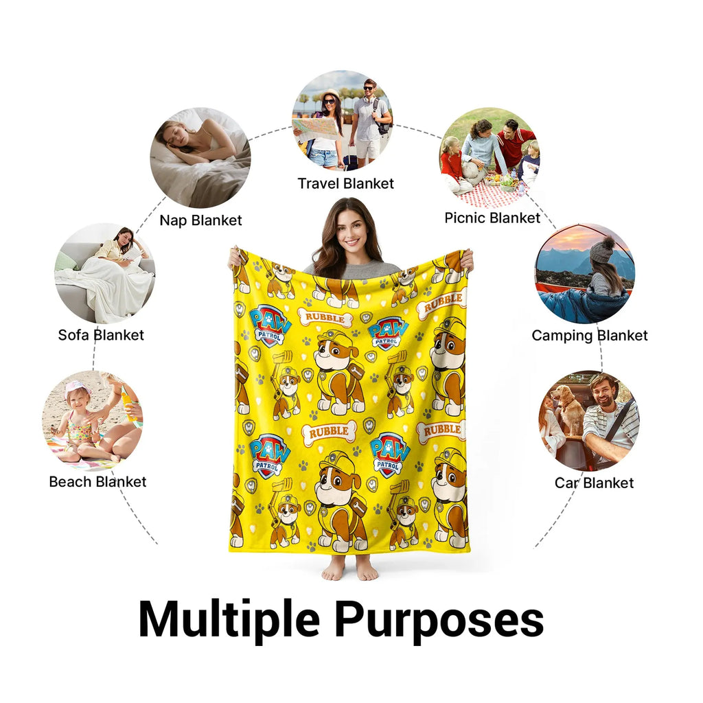 1PC Paw Patrol Rubble Allover Print Flannel Fleece, Yellow Background with Rubble Character, Badge, Paw Print & Name Sign, Soft Warm Cartoon Printed Blanket for Sofa Bed Office Camping, Birthday Christmas Gift for Paw Patrol Fans