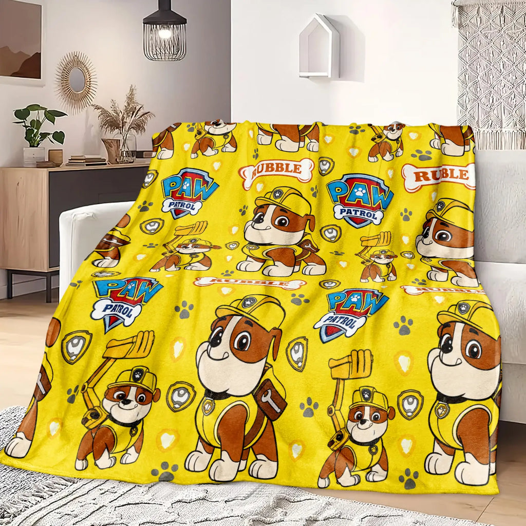 1PC Paw Patrol Rubble Allover Print Flannel Fleece, Yellow Background with Rubble Character, Badge, Paw Print & Name Sign, Soft Warm Cartoon Printed Blanket for Sofa Bed Office Camping, Birthday Christmas Gift for Paw Patrol Fans