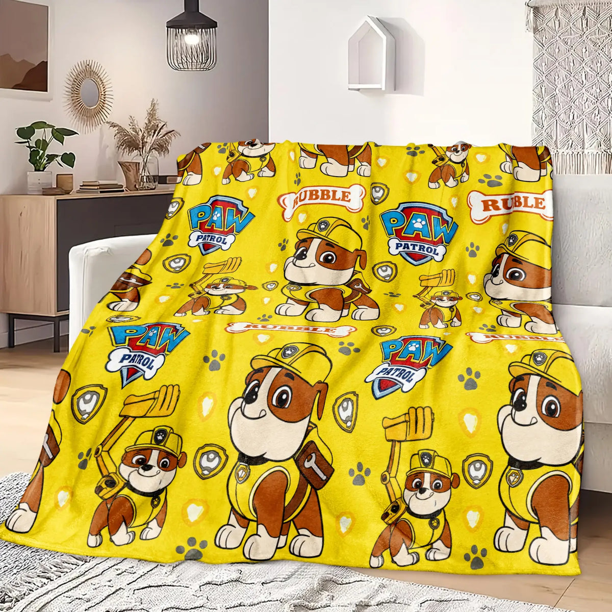 1PC Paw Patrol Rubble Allover Print Flannel Fleece, Yellow Background with Rubble Character, Badge, Paw Print & Name Sign, Soft Warm Cartoon Printed Blanket for Sofa Bed Office Camping, Birthday Christmas Gift for Paw Patrol Fans